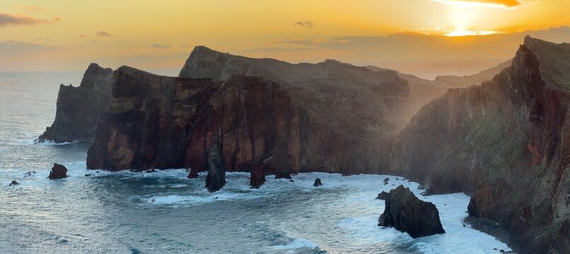 Ponta de Sao Lourenco, Madeira,Portugal. Beautiful scenic mountain view of green landscape,cliffs and Atlantic Ocean.
