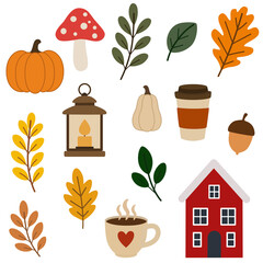 Cozy autumn vibes, pumpkin, mushroom, colorful leaves, warm drinks, lantern glow, and a red house evoke seasonal charm in a charming grid of fall themed illustrations.