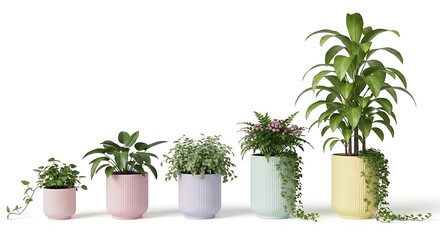 Fototapeta premium Pastel pots plants indoor home decor greenery foliage botanical gardening houseplants collection display
