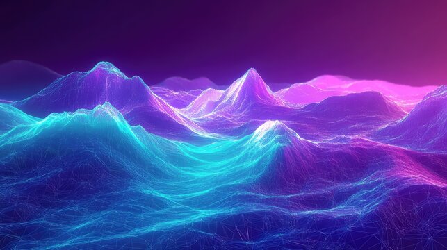 Digital landscape with glowing wireframe mountains and waves