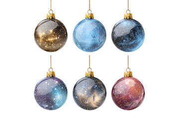 Collection of Sparkling Galaxy Christmas Baubles, isolated on a transparent background.