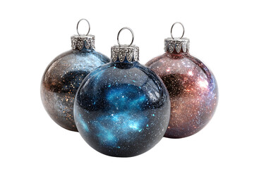 Collection of Sparkling Galaxy Christmas Baubles, isolated on a transparent background.