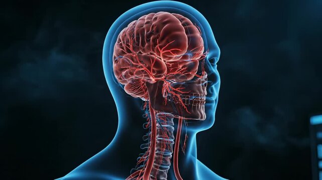 Human brain anatomy visualization shows blood vessels and skull in medical 3D rendering. Brain with vascular system inside head. Medical brain scan reveals anatomy and blood flow. Health concept.