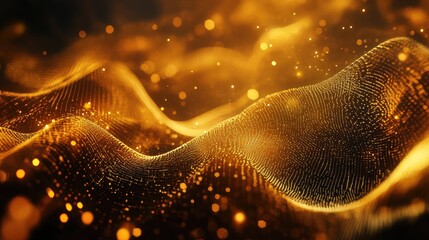 Gold digital wave particles forming abstract background data network