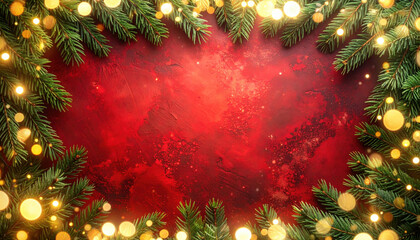 Festive Christmas frame with golden lights on a red background.