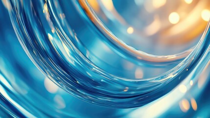 Abstract blue glass waves with golden light reflections