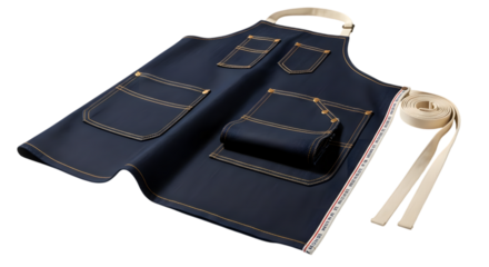 Blue denim apron with pockets isolated on transparent background