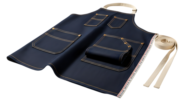 Blue denim apron with pockets isolated on transparent background