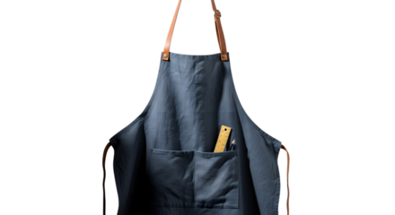 Blue denim apron with leather strap isolated on transparent background