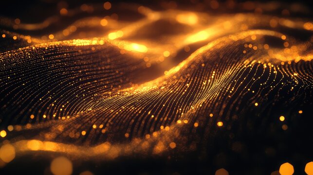 Golden particles forming abstract digital wave background - Powered by Adobe