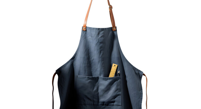 Blue denim apron with leather strap isolated on transparent background