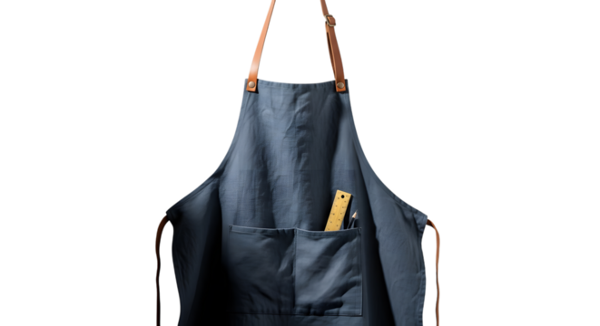 Blue denim apron with leather strap isolated on transparent background