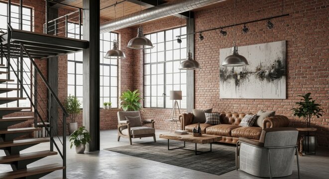 Stylish loft apartment interior with exposed brick wall, staircase and living area