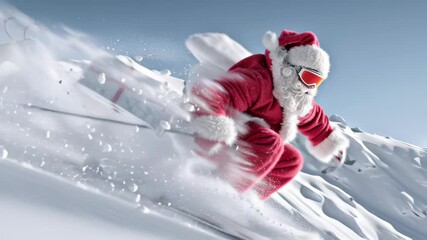 Man dressed as Santa is snowboarding down a hill. The image has a festive and playful mood, as the man is wearing a red suit and a Santa hat