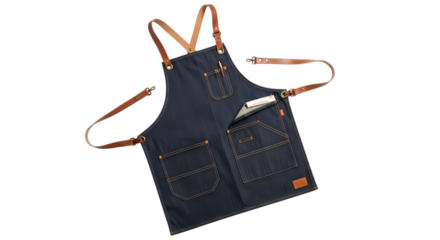 Denim apron with leather straps isolated on transparent background for work or craft
