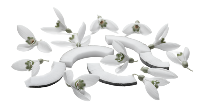 Delicate snowdrop flowers in pristine white bloom alongside fresh coconut pieces, creating a harmonious and refreshing natural composition with a hint of exotic charm