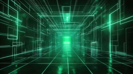 Obraz premium Green neon light lines tunnel network creating futuristic path