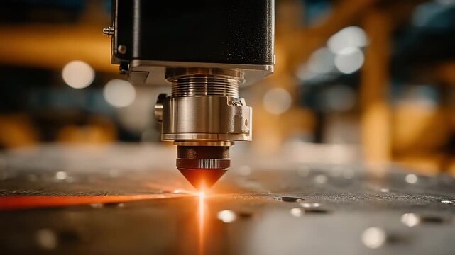 Precision laser cutting machine intensely working metal with sparks flying, showcasing industrial innovation and manufacturing excellence in action.
