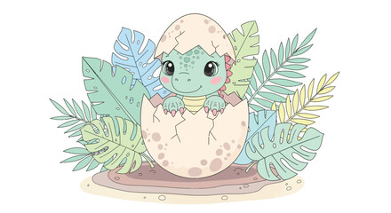 Adorable baby dinosaur hatching from egg surrounded by tropical leaves, perfect for children's books and vibrant jungle themed designs