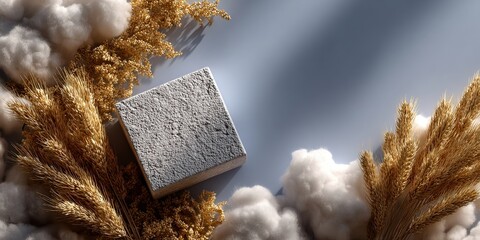 Dried wheat still life with stone cube and soft diffuse lighting for elegant botanical natural compositions