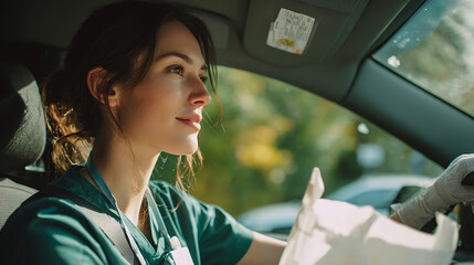 female healthcare worker in uniform driving a car with a white bag in hand representing medical duty home visit care and mobile patient support in a modern healthcare environment