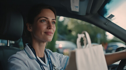 female healthcare worker in uniform driving a car with a white bag in hand representing medical duty home visit care and mobile patient support in a modern healthcare environment