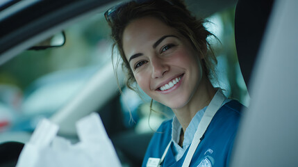female healthcare worker in uniform driving a car with a white bag in hand representing medical duty home visit care and mobile patient support in a modern healthcare environment