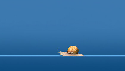 tiny snail crawling on a blue line with empty deep blue background