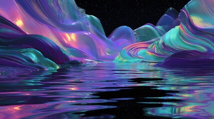 Iridescent liquid landscape reflecting cosmic sky and vibrant waves