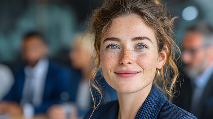 successful business woman in formal attire smiling at the camera with a blurred office meeting behind her symbolizing teamwork collaboration leadership and modern corporate lifestyle