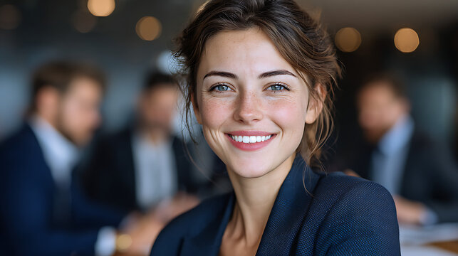successful business woman in formal attire smiling at the camera with a blurred office meeting behind her symbolizing teamwork collaboration leadership and modern corporate lifestyle - Powered by Adobe