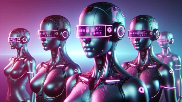 Video of female androids in neon-lit visors glow with pink and purple light in cyber-tech style
