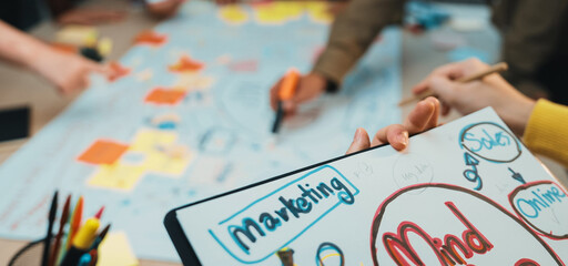 A dynamic brainstorming session featuring a colorful mind map created by a team to explore marketing strategies, facilitating collaboration and innovative thinking at work. SACTR