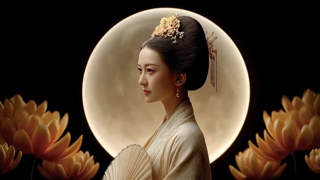 Elegant profile of Tang Dynasty beauty under the moon