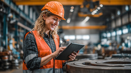 professional female engineer smiling while using a tablet in a large industrial area with equipment and metal components emphasizing safety engineering technology and industrial operations