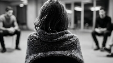 woman attending a counseling circle meeting with three people in the background in a serene indoor space promoting mindfulness emotional well being open dialogue and compassionate support
