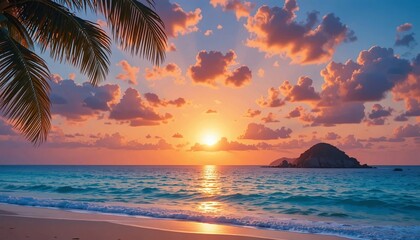 Sunset sea beach, sunrise tropical island, ocean landscape, palm tree leaves, sun, water, colourful sky cloud, summer holidays.