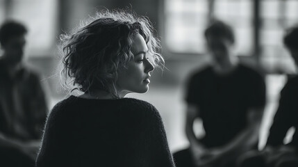 woman attending a counseling circle meeting with three people in the background in a serene indoor space promoting mindfulness emotional well being open dialogue and compassionate support