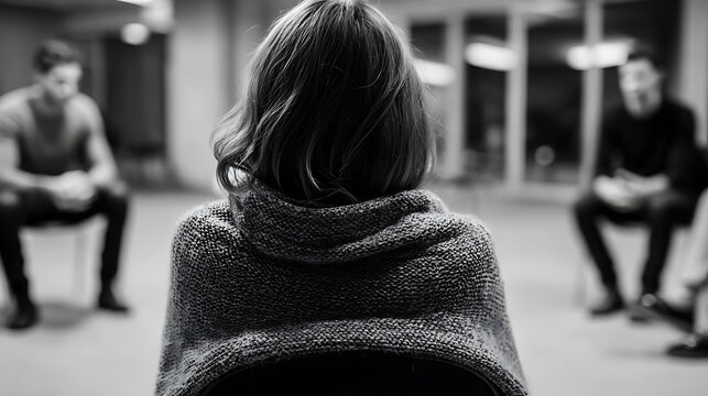 woman attending a counseling circle meeting with three people in the background in a serene indoor space promoting mindfulness emotional well being open dialogue and compassionate support