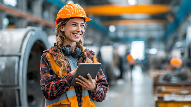 professional female engineer smiling while using a tablet in a large industrial area with equipment and metal components emphasizing safety engineering technology and industrial operations