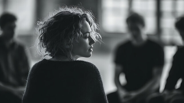 woman attending a counseling circle meeting with three people in the background in a serene indoor space promoting mindfulness emotional well being open dialogue and compassionate support