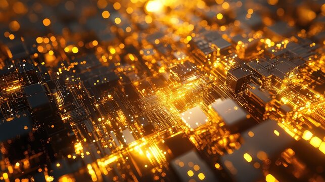 Golden glowing circuit board representing digital data processing - Powered by Adobe