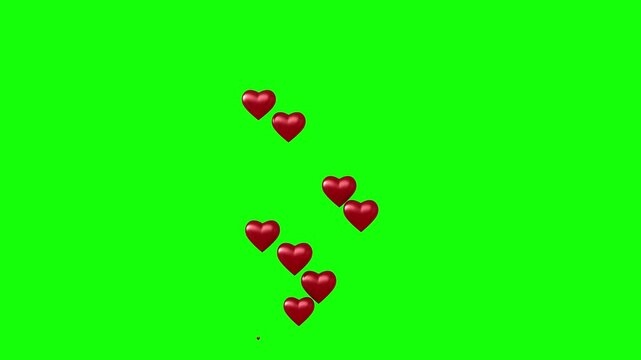3d rendered animation of flying hearts on green screen