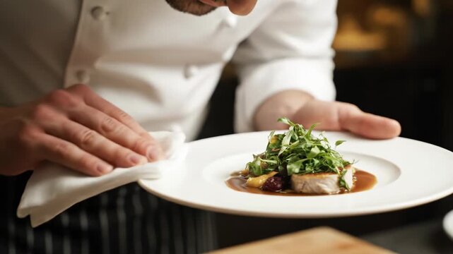 A professional chef meticulously plates an exquisite gourmet meal, ensuring perfect presentation for dining.