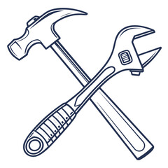 A stylized outline illustration of a carpenter s claw hammer crossed with an adjustable wrench symbolizing repair construction and diy projects