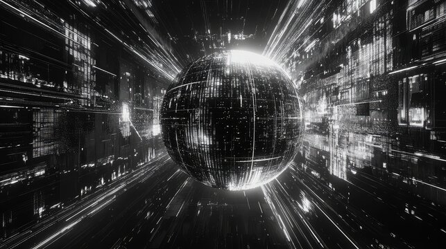 Digital data sphere in abstract futuristic tunnel