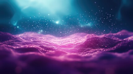 Glowing particles floating over purple blue abstract landscape