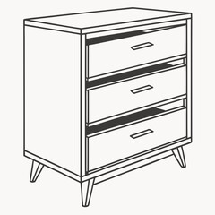 A minimalist line art illustration of a mid century modern style chest of drawers featuring three drawers with simple handles and tapered legs on a plain background