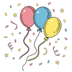 A whimsical illustration of three colorful balloons pink blue and yellow floating upwards amidst a shower of confetti and stars on a clean white background perfect for celebrations