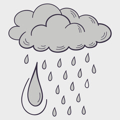 A simple hand drawn illustration of a gray rain cloud with many falling raindrops and a large drop in the foreground against a light gray background